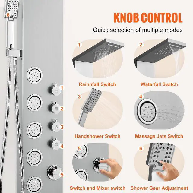 Alt view image 5 of 7 - Shower Panel System, 4 Shower Modes Shower Panel Tower, Rainfall, Waterfall, 5 Full Body Massage Jets and 3-Setting Handheld Shower Head with 59" Hose, Stainless Steel Wall-Mounted Shower Set