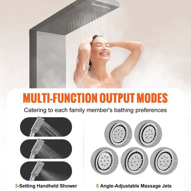 Alt view image 3 of 7 - Shower Panel System, 4 Shower Modes Shower Panel Tower, Rainfall, Waterfall, 5 Full Body Massage Jets and 3-Setting Handheld Shower Head with 59" Hose, Stainless Steel Wall-Mounted Shower Set
