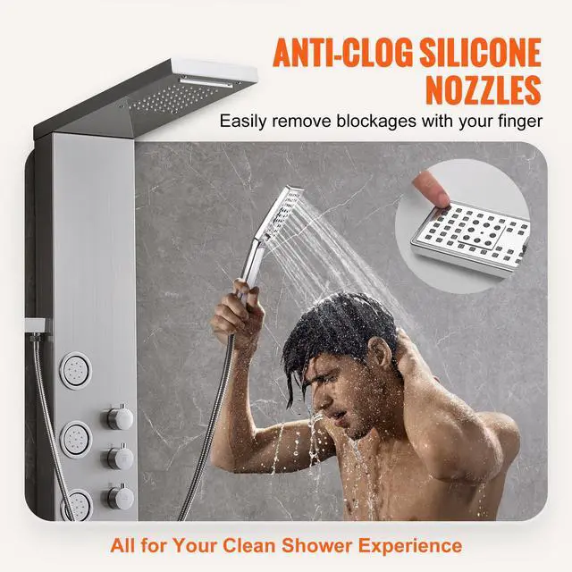 Alt view image 4 of 7 - Shower Panel System, 4 Shower Modes Shower Panel Tower, Rainfall, Waterfall, 5 Full Body Massage Jets and 3-Setting Handheld Shower Head with 59" Hose, Stainless Steel Wall-Mounted Shower Set