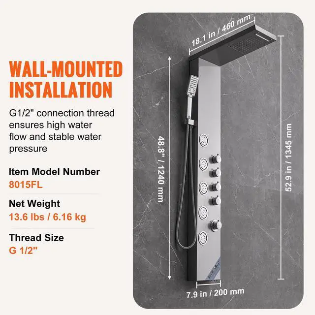 Alt view image 7 of 7 - Shower Panel System, 4 Shower Modes Shower Panel Tower, Rainfall, Waterfall, 5 Full Body Massage Jets and 3-Setting Handheld Shower Head with 59" Hose, Stainless Steel Wall-Mounted Shower Set
