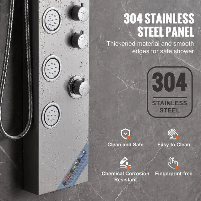 Alt view image 6 of 7 - Shower Panel System, 4 Shower Modes Shower Panel Tower, Rainfall, Waterfall, 5 Full Body Massage Jets and 3-Setting Handheld Shower Head with 59" Hose, Stainless Steel Wall-Mounted Shower Set