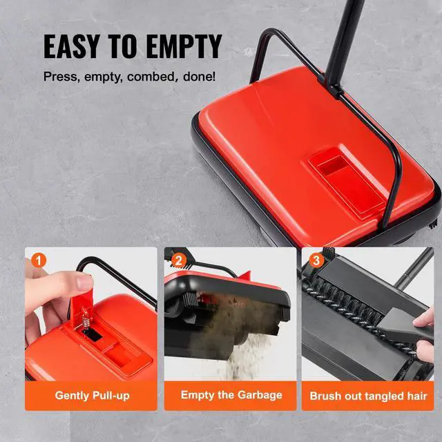 Alt view image 4 of 7 - Carpet Sweeper Manual, Floor Sweeper with 300 ml Dustbin Capacity Easy to Empty, 6.7 inch Cleaning Width for Home Office Carpets Pet Hair Dust, Red