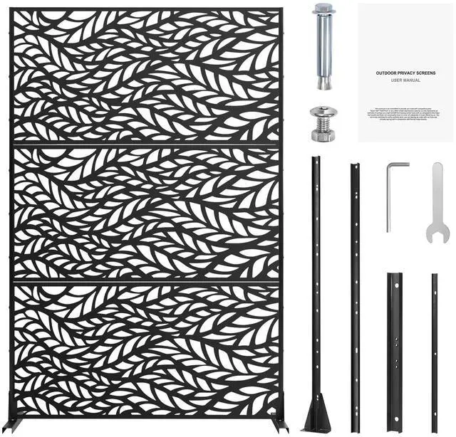Main image of Metal Privacy Screen, 47" W x 72" H, Outdoor Privacy Screens & Panels, Freestanding Outdoor Divider with Stand, 3-Panel Decorative Garden Steel Privacy Fence for Balcony Patio Indoor Room Black