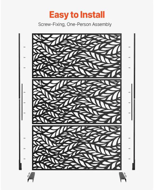 Alt view image 5 of 7 - Metal Privacy Screen, 47" W x 72" H, Outdoor Privacy Screens & Panels, Freestanding Outdoor Divider with Stand, 3-Panel Decorative Garden Steel Privacy Fence for Balcony Patio Indoor Room Black