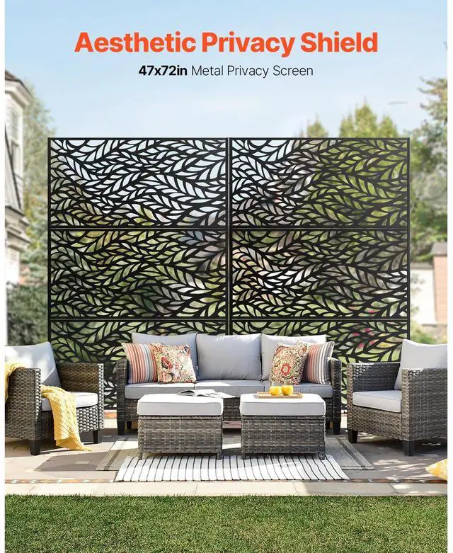 Alt view image 2 of 7 - Metal Privacy Screen, 47" W x 72" H, Outdoor Privacy Screens & Panels, Freestanding Outdoor Divider with Stand, 3-Panel Decorative Garden Steel Privacy Fence for Balcony Patio Indoor Room Black