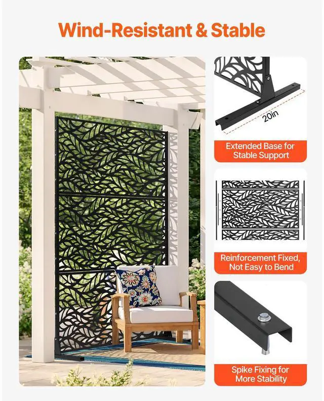 Alt view image 3 of 7 - Metal Privacy Screen, 47" W x 72" H, Outdoor Privacy Screens & Panels, Freestanding Outdoor Divider with Stand, 3-Panel Decorative Garden Steel Privacy Fence for Balcony Patio Indoor Room Black