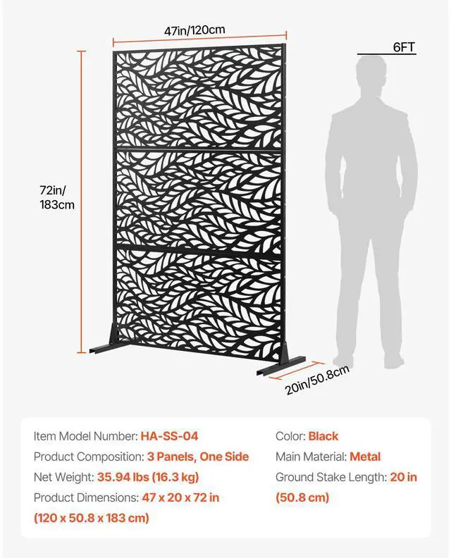 Alt view image 7 of 7 - Metal Privacy Screen, 47" W x 72" H, Outdoor Privacy Screens & Panels, Freestanding Outdoor Divider with Stand, 3-Panel Decorative Garden Steel Privacy Fence for Balcony Patio Indoor Room Black