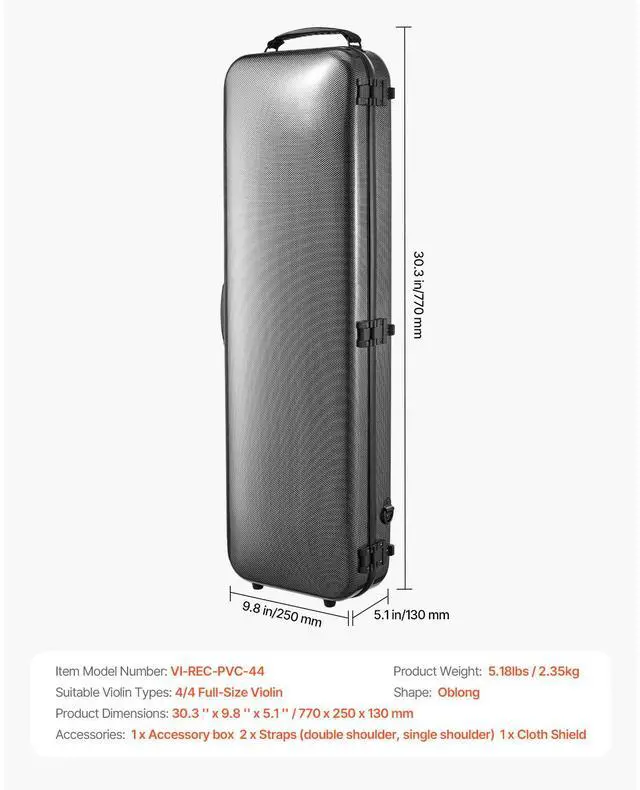 Alt view image 7 of 7 - Portable Composite Carbon Fiber 4/4 Full Size Violin Case Oblong Carrying Bag