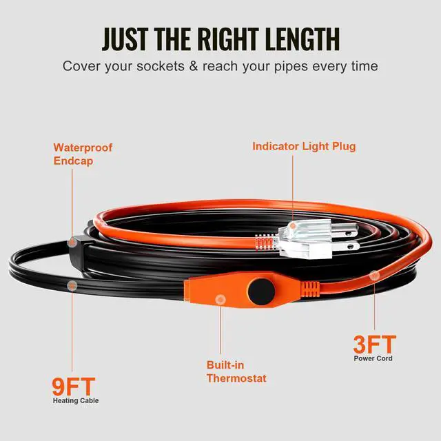 Alt view image 5 of 7 - Pipe Heating Cable, 9FT 7W/FT Heat Tape for Pipes with Built-in Thermostat, Water Pipe Heat Cable Protects PVC Hose, Metal and Plastic Pipe from Freezing