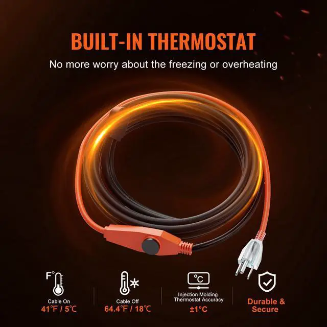 Alt view image 2 of 7 - Pipe Heating Cable, 9FT 7W/FT Heat Tape for Pipes with Built-in Thermostat, Water Pipe Heat Cable Protects PVC Hose, Metal and Plastic Pipe from Freezing