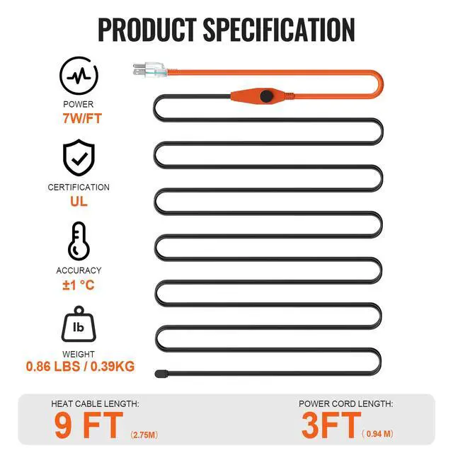 Alt view image 7 of 7 - Pipe Heating Cable, 9FT 7W/FT Heat Tape for Pipes with Built-in Thermostat, Water Pipe Heat Cable Protects PVC Hose, Metal and Plastic Pipe from Freezing