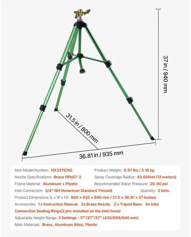 Alt view image 7 of 7 - Impact Sprinkler on Tripod Base, 2 Packs, Heavy Duty Tripod Sprinklers with Brass Head & 3/4"NH Connector, 360 Degree Large Area Irrigation Sprinkler, Adjustable Heights Sprinkler for Yard