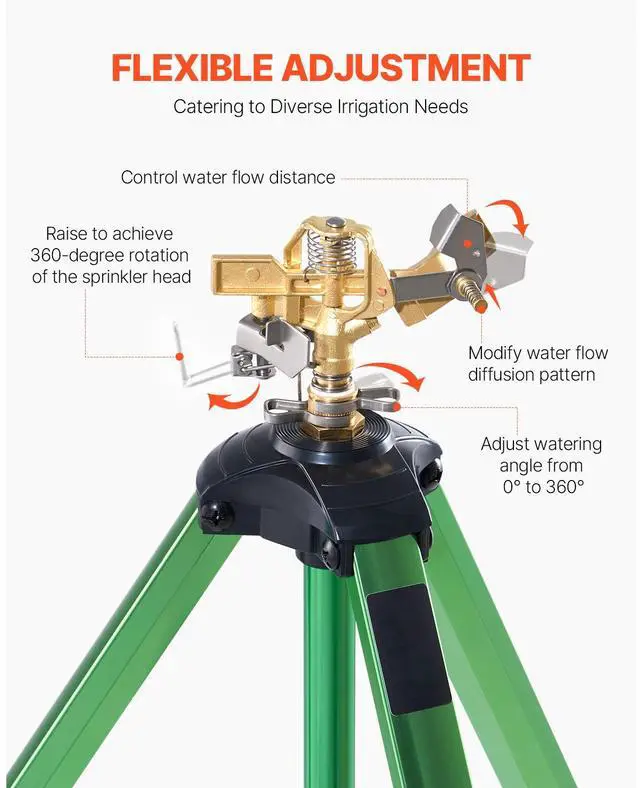 Alt view image 4 of 7 - Impact Sprinkler on Tripod Base, 2 Packs, Heavy Duty Tripod Sprinklers with Brass Head & 3/4"NH Connector, 360 Degree Large Area Irrigation Sprinkler, Adjustable Heights Sprinkler for Yard