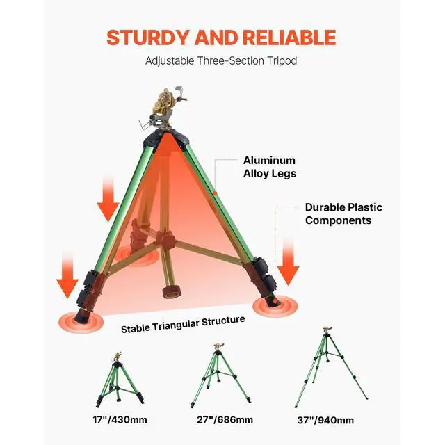 Alt view image 3 of 7 - Impact Sprinkler on Tripod Base, 2 Packs, Heavy Duty Tripod Sprinklers with Brass Head & 3/4"NH Connector, 360 Degree Large Area Irrigation Sprinkler, Adjustable Heights Sprinkler for Yard