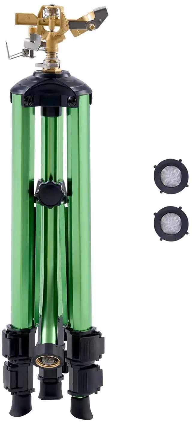 Main image of Impact Sprinkler on Tripod Base, Heavy Duty Tripod Sprinklers with Brass Head & 3/4" Connector, 360 Degree Large Area Coverage Irrigation Sprinkler, Adjustable Heights Sprinkler for Yard Green