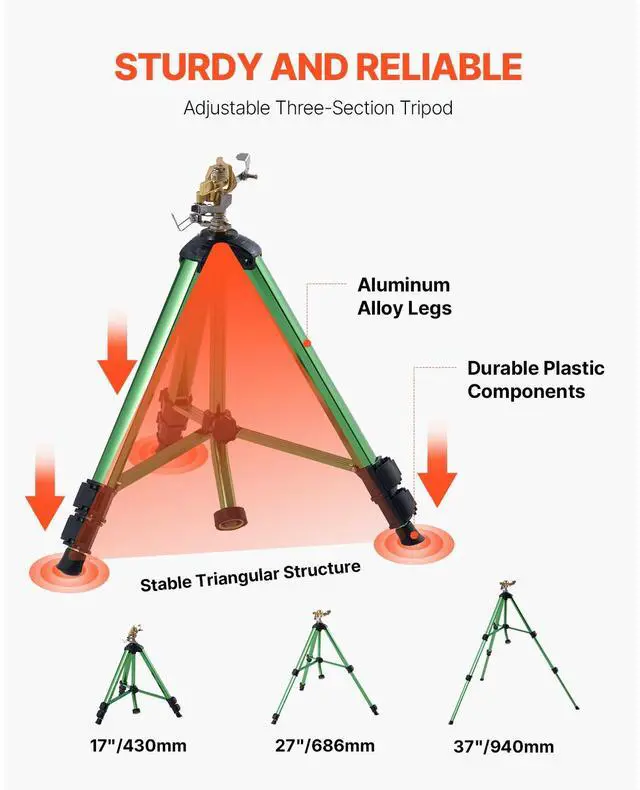 Alt view image 3 of 7 - Impact Sprinkler on Tripod Base, Heavy Duty Tripod Sprinklers with Brass Head & 3/4" Connector, 360 Degree Large Area Coverage Irrigation Sprinkler, Adjustable Heights Sprinkler for Yard Green