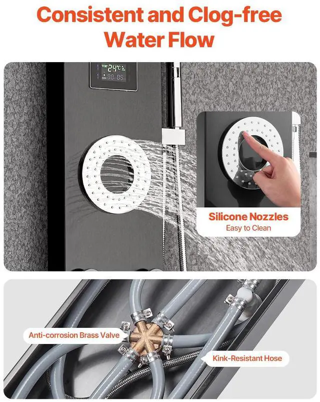 Alt view image 4 of 7 - Shower Panel Tower System with Rainfall Shower Head, LED, 53 in Brushed Stainless Steel Shower Column, 6-Function Faucet, Wall-Mount Rain Massage System with 5 Body Jets, Handheld, Tub Spout