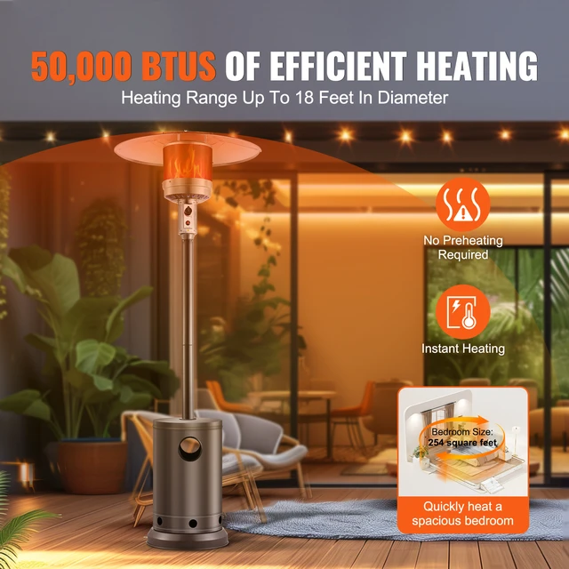 Alt view image 9 of 14 - Patio Heater for Outdoor Use, 50000BTU Propane Heater Tall Hammered With Round Table Design, Metal Burner and Wheels, Fixed Outdoor Patio Flame Heater for Patio, Party, Backyard, Garden, Bronze