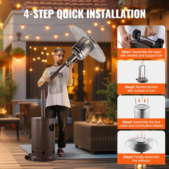 Alt view image 11 of 14 - Patio Heater for Outdoor Use, 50000BTU Propane Heater Tall Hammered With Round Table Design, Metal Burner and Wheels, Fixed Outdoor Patio Flame Heater for Patio, Party, Backyard, Garden, Bronze