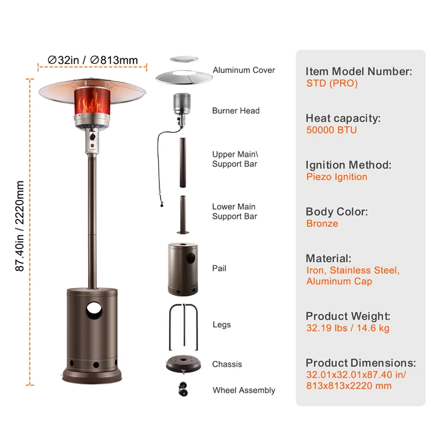Alt view image 14 of 14 - Patio Heater for Outdoor Use, 50000BTU Propane Heater Tall Hammered With Round Table Design, Metal Burner and Wheels, Fixed Outdoor Patio Flame Heater for Patio, Party, Backyard, Garden, Bronze