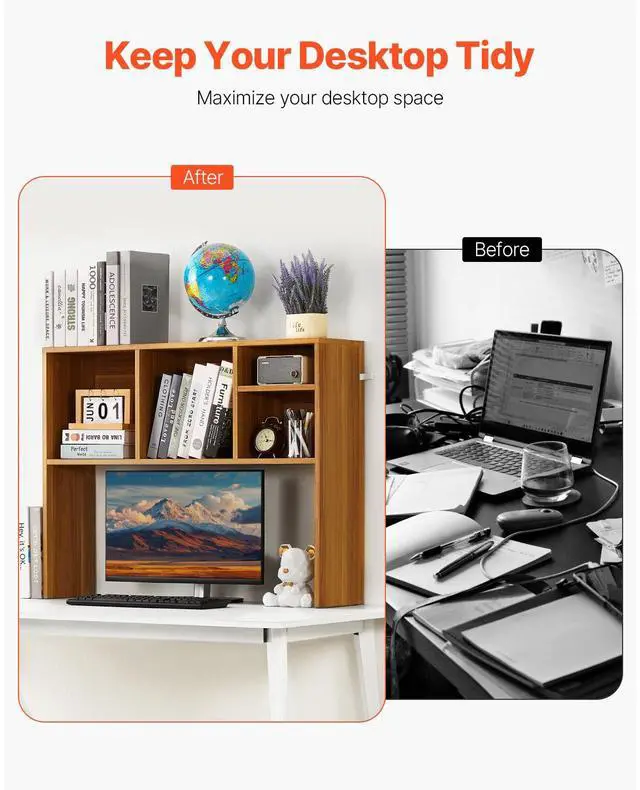 Alt view image 2 of 7 - Desktop Bookshelf, 1-Tier Wood Desktop Storage Organizer, 37" x 9.4" x 28.7" Office Storage Rack Wood Display Shelf, Desktop Bookshelf Hutch with Anti-Slip Feet Pads, for Office, Home & Dorm