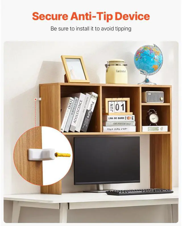 Alt view image 6 of 7 - Desktop Bookshelf, 1-Tier Wood Desktop Storage Organizer, 37" x 9.4" x 28.7" Office Storage Rack Wood Display Shelf, Desktop Bookshelf Hutch with Anti-Slip Feet Pads, for Office, Home & Dorm