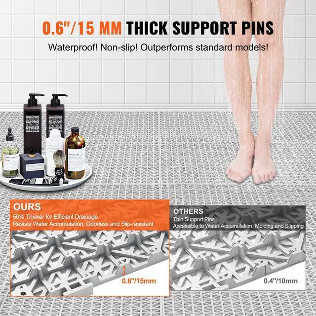 Alt view image 2 of 7 - Interlocking Tile 50PCS Gray, Drainage Tiles 12" x 12" Splicing, Soft PVC Interlocking Drainage Floor Tiles, Non-Slip Drainage Holes for Restroom, Bathroom, Kitchen, Pool, Wet Areas