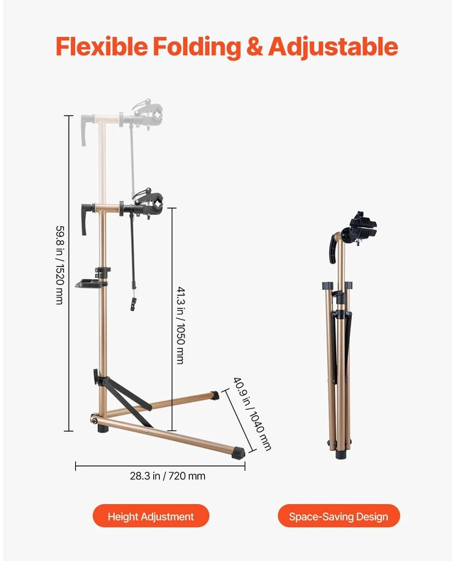 Alt view image 4 of 7 - Bike Repair Stand, 88 lb Heavy-duty Bicycle Work Stand with 41.3-59.8 in Adjustable Height & Magnetic Tool Tray, Foldable Bicycle Maintenance Rack, Shop Home Mechanics for Mountain & Road Bike