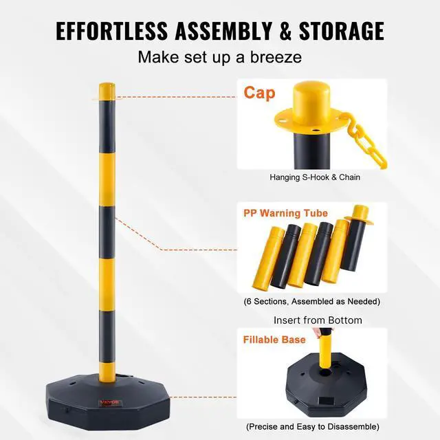 Alt view image 5 of 7 - Adjustable Traffic Delineator Post Cones, 4 Pack, Traffic Safety Delineator Barrier with Fillable Base 8FT Chain, for Traffic Control Warning Parking Lot Construction Caution Roads, Yellow&Black