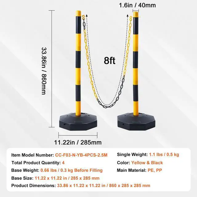 Alt view image 7 of 7 - Adjustable Traffic Delineator Post Cones, 4 Pack, Traffic Safety Delineator Barrier with Fillable Base 8FT Chain, for Traffic Control Warning Parking Lot Construction Caution Roads, Yellow&Black
