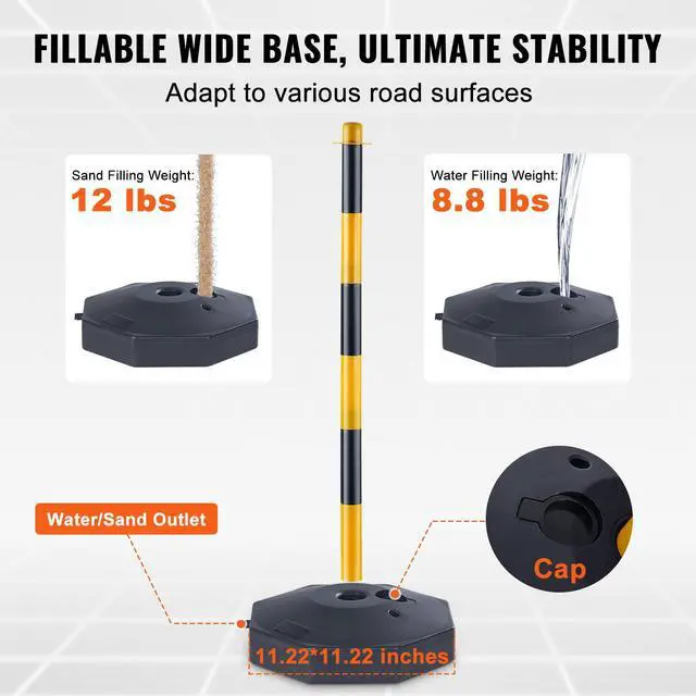Alt view image 3 of 7 - Adjustable Traffic Delineator Post Cones, 4 Pack, Traffic Safety Delineator Barrier with Fillable Base 8FT Chain, for Traffic Control Warning Parking Lot Construction Caution Roads, Yellow&Black