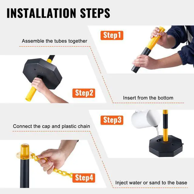 Alt view image 4 of 7 - Adjustable Traffic Delineator Post Cones, 4 Pack, Traffic Safety Delineator Barrier with Fillable Base 8FT Chain, for Traffic Control Warning Parking Lot Construction Caution Roads, Yellow&Black