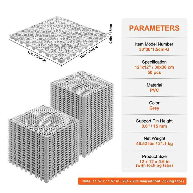 Alt view image 7 of 7 - Interlocking Tile 50PCS Gray, Drainage Tiles 12" x 12" Splicing, Soft PVC Interlocking Drainage Floor Tiles, Non-Slip Drainage Holes for Restroom, Bathroom, Kitchen, Pool, Wet Areas