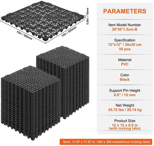 Alt view image 7 of 7 - Interlocking Tile 55PCS Black, Drainage Tiles 12" x 12" Splicing, Soft PVC Interlocking Drainage Floor Tiles, Non-Slip Drainage Holes for Restroom, Bathroom, Kitchen, Pool, Wet Areas
