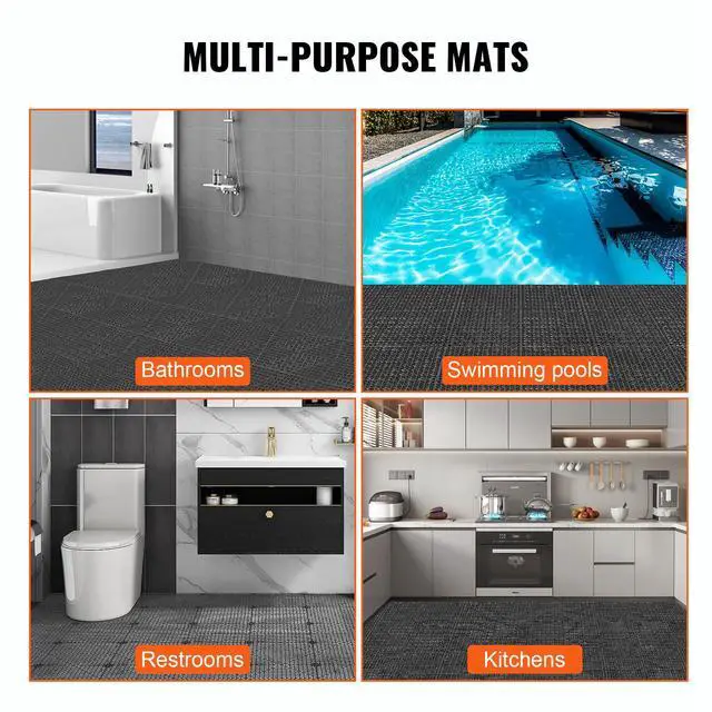 Alt view image 6 of 7 - Interlocking Tile 55PCS Black, Drainage Tiles 12" x 12" Splicing, Soft PVC Interlocking Drainage Floor Tiles, Non-Slip Drainage Holes for Restroom, Bathroom, Kitchen, Pool, Wet Areas