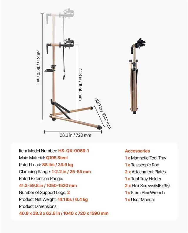 Alt view image 7 of 7 - Bike Repair Stand, 88 lb Heavy-duty Bicycle Work Stand with 41.3-59.8 in Adjustable Height & Magnetic Tool Tray, Foldable Bicycle Maintenance Rack, Shop Home Mechanics for Mountain & Road Bike