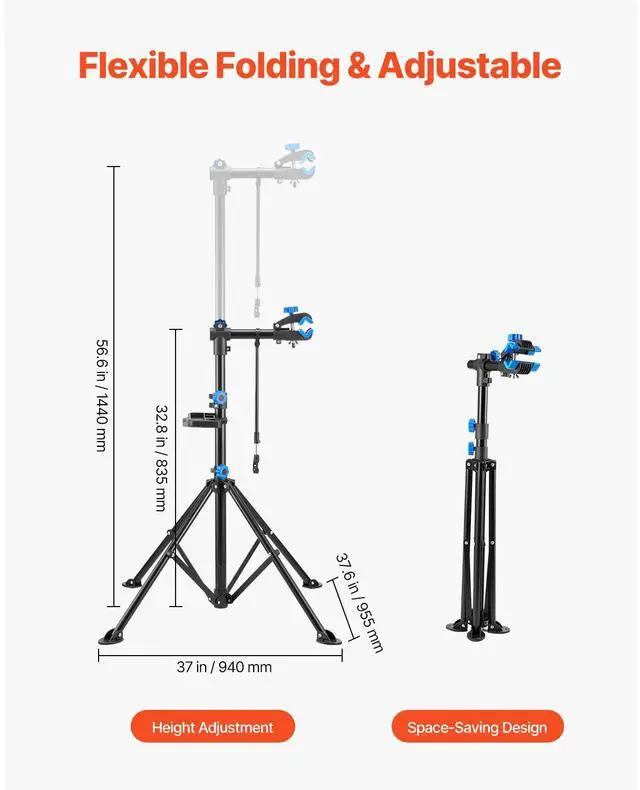 Alt view image 4 of 7 - Bike Repair Stand, 66 lb Heavy-duty Bicycle Work Stand with 32.8-56.6 in Adjustable Height & Magnetic Tool Tray, Foldable Bicycle Maintenance Rack, Shop Home Mechanics for Mountain & Road Bike