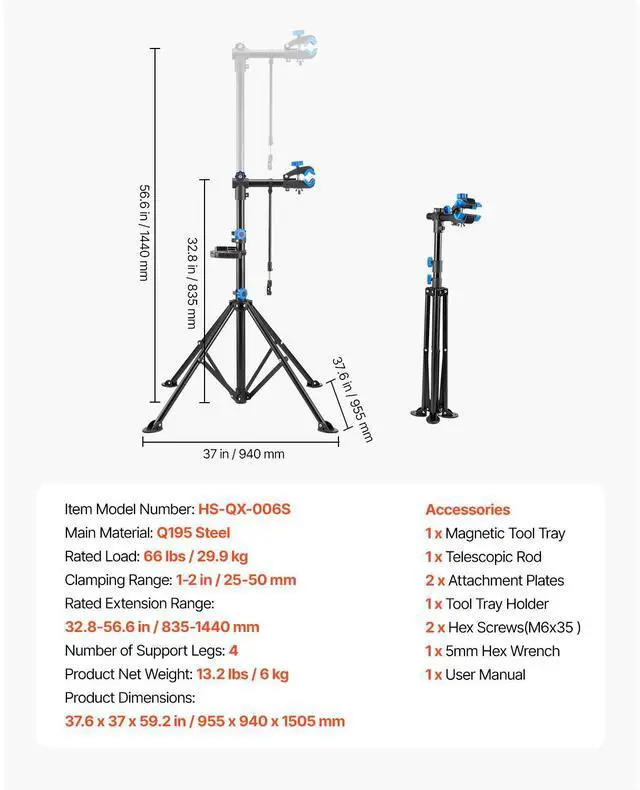 Alt view image 7 of 7 - Bike Repair Stand, 66 lb Heavy-duty Bicycle Work Stand with 32.8-56.6 in Adjustable Height & Magnetic Tool Tray, Foldable Bicycle Maintenance Rack, Shop Home Mechanics for Mountain & Road Bike