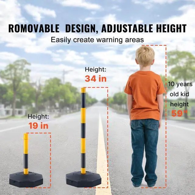 Alt view image 2 of 7 - Adjustable Traffic Delineator Post Cones, 4 Pack, Traffic Safety Delineator Barrier with Fillable Base 8FT Chain, for Traffic Control Warning Parking Lot Construction Caution Roads, Yellow&Black