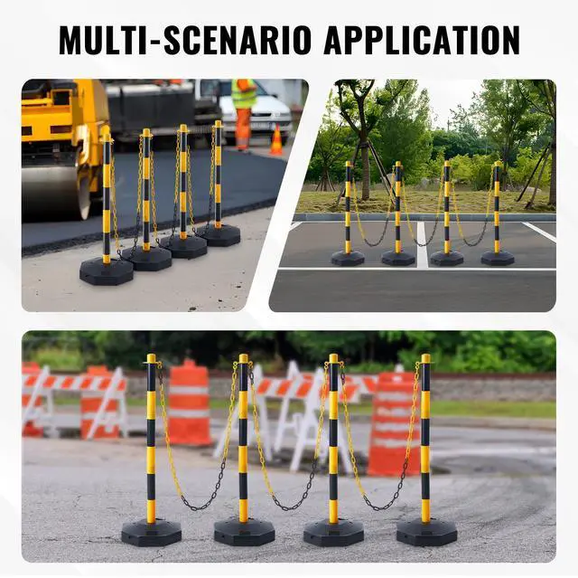 Alt view image 6 of 7 - Adjustable Traffic Delineator Post Cones, 4 Pack, Traffic Safety Delineator Barrier with Fillable Base 8FT Chain, for Traffic Control Warning Parking Lot Construction Caution Roads, Yellow&Black
