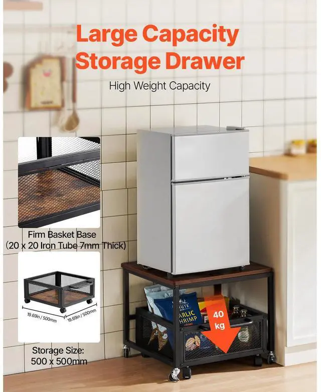 Alt view image 3 of 7 - VEVOR Mini Fridge Stand 198lbs with Storage Cart & Swivel Wheels Dark Brown