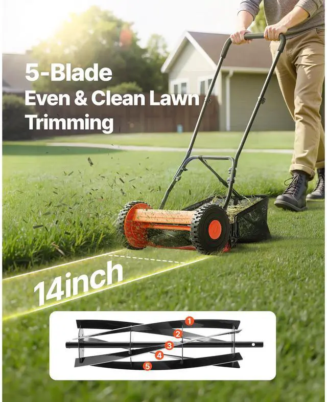 Alt view image 2 of 7 - Push Reel Lawn Mower 14 inch, 5 Blades Manual Push Mower No Motor, 0.6-1.75 in Adjustable Cutting Height, Walk-Behind Lawn Mowers with Grass Catcher Bag for Green Lawns, Driveways, Courtyards
