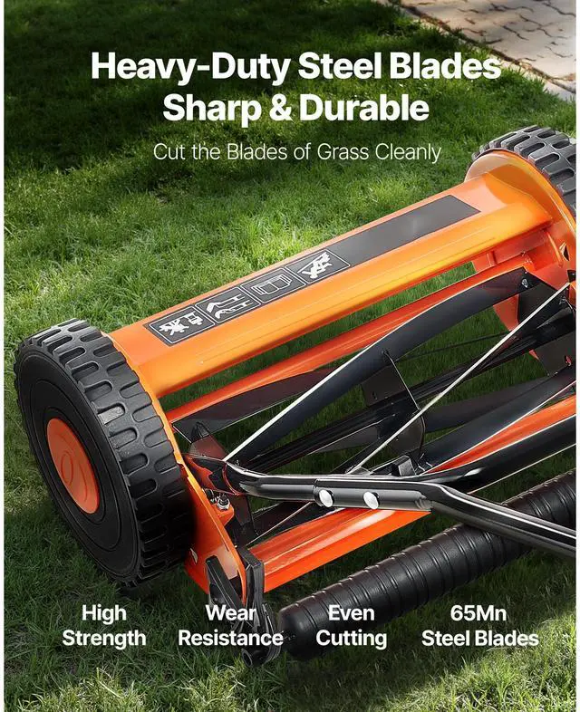 Alt view image 3 of 7 - Push Reel Lawn Mower 14 inch, 5 Blades Manual Push Mower No Motor, 0.6-1.75 in Adjustable Cutting Height, Walk-Behind Lawn Mowers with Grass Catcher Bag for Green Lawns, Driveways, Courtyards