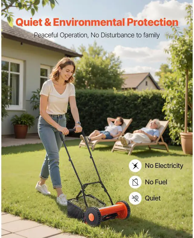 Alt view image 6 of 7 - Push Reel Lawn Mower 14 inch, 5 Blades Manual Push Mower No Motor, 0.6-1.75 in Adjustable Cutting Height, Walk-Behind Lawn Mowers with Grass Catcher Bag for Green Lawns, Driveways, Courtyards