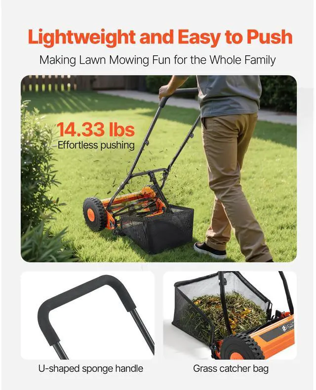 Alt view image 5 of 7 - Push Reel Lawn Mower 14 inch, 5 Blades Manual Push Mower No Motor, 0.6-1.75 in Adjustable Cutting Height, Walk-Behind Lawn Mowers with Grass Catcher Bag for Green Lawns, Driveways, Courtyards