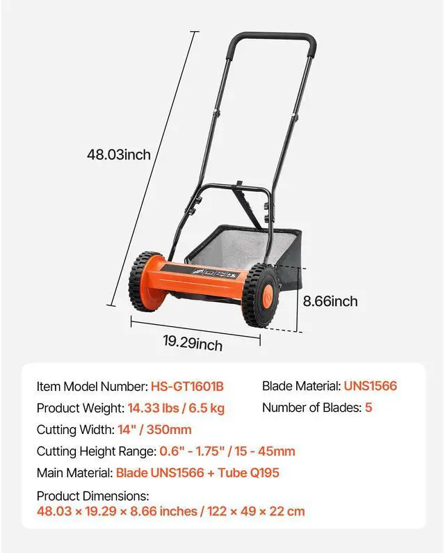 Alt view image 7 of 7 - Push Reel Lawn Mower 14 inch, 5 Blades Manual Push Mower No Motor, 0.6-1.75 in Adjustable Cutting Height, Walk-Behind Lawn Mowers with Grass Catcher Bag for Green Lawns, Driveways, Courtyards
