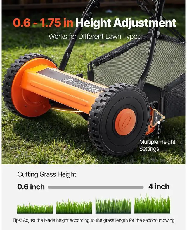 Alt view image 4 of 7 - Push Reel Lawn Mower 14 inch, 5 Blades Manual Push Mower No Motor, 0.6-1.75 in Adjustable Cutting Height, Walk-Behind Lawn Mowers with Grass Catcher Bag for Green Lawns, Driveways, Courtyards