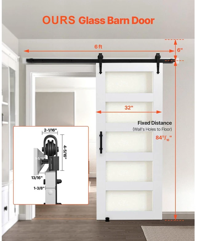 Alt view image 3 of 8 - VEVOR Sliding Barn Door with Hardware Kit 32 x 84 inch MDF Panel Frosted Glass