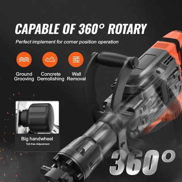 Alt view image 4 of 7 - VEVOR Demolition Jack Hammer, 3500W Jack Hammer Concrete Breaker, 2pcs Chisel with Gloves & 360°C Swiveling Front Handle for Trenching, 1900 BPM Heavy Duty Electric Jack Hammer, Black