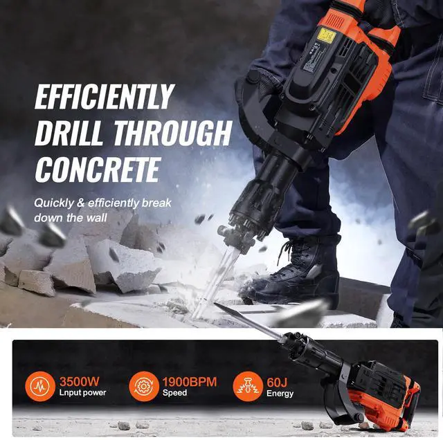 Alt view image 2 of 7 - VEVOR Demolition Jack Hammer, 3500W Jack Hammer Concrete Breaker, 2pcs Chisel with Gloves & 360°C Swiveling Front Handle for Trenching, 1900 BPM Heavy Duty Electric Jack Hammer, Black